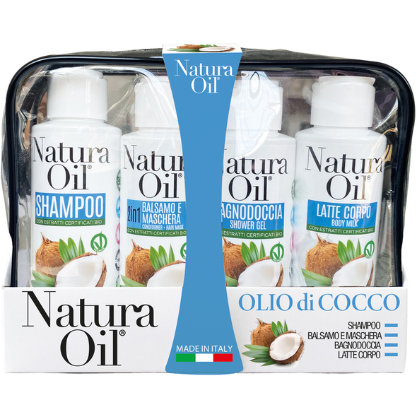 NATURA OIL CONFEZIONE OLIO COCCO SHAMPOO + BALSAMO E MASCHERA 2 IN 1 + BAGNO DOCCIA + LATTE CORPO 100 ML
