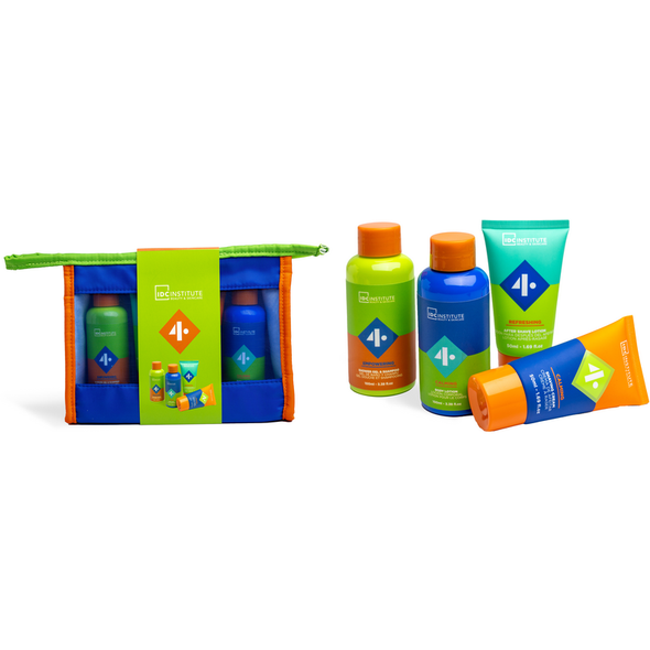 IDC INSTITUTE COFANETTO TRAVEL BAG MEN 4 4 PEZZI: EMPOVERING SHAMPOO & SHOWER GEL 100 ML - CALMING BODY LOTION 100 ML - CALMING SHAVING CREAM TUBO 50 ML - REFRESHING AFTER SHAVE LOTION TUBO 50 ML 