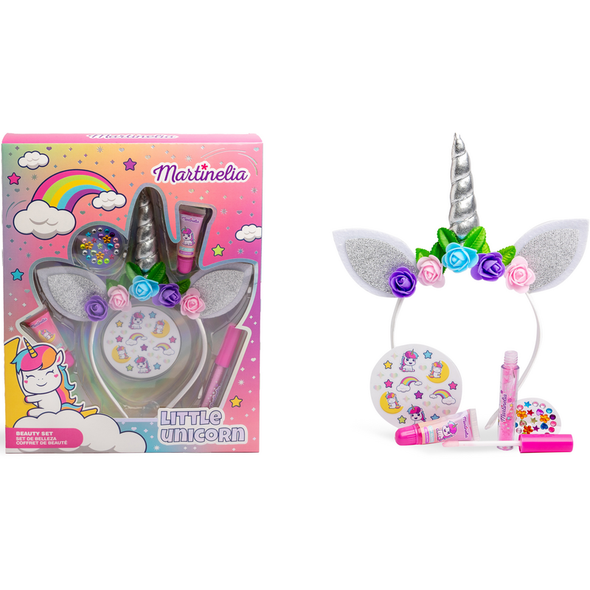 MARTINELIA LITTLE UNICORN BEAUTY SET: UNICORN HAIR BAND - 2 LIP GLOSS - 1 LIP GLOSS POT - STICKERS - GEM STICKERS