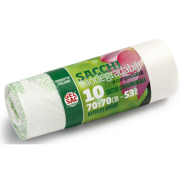 GEL SAC 10 SACCHI CONDOMINIALI BIODEGRADABILI E COMPOSTABILI RIFIUTI UMIDI 70x70 CM 53 LT 