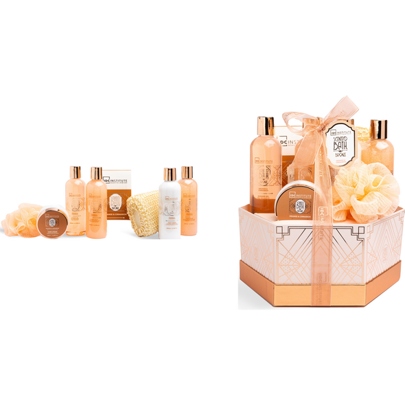 IDC INSTITUTE COFANETTO BRONZE ORANGE & CINNAMON SET BAGNO 8 PEZZI: SHOWER GEL 200 ML - BODY LOTION 200 ML - BUBBLE BATH 200 ML - BODY SCRUB 200 ML - BATH SALTS 200 grammi - HAND CREAM VASETTO 50 ML - BATH PUFF - SISAL SPONGE 