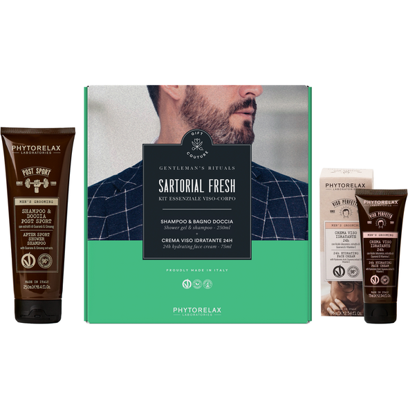 PHYTORELAX COFANETTO GENTLEMAN'S ESSENZIALE VISO-CORPO; POST SPORT SHAMPOO&DOCCIA TUBO 250 ML + VISO PERFETTO CREMA VISO IDRATANTE 24H TUBO 75 ML  