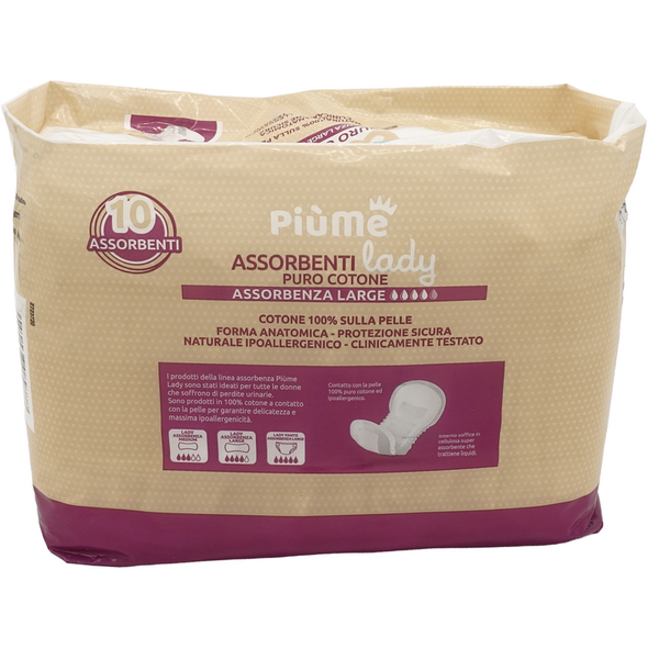 PIUME LADY ASSORBENTI PURO COTONE ANATOMICO ASSORBENZA LARGE 10 PEZZI