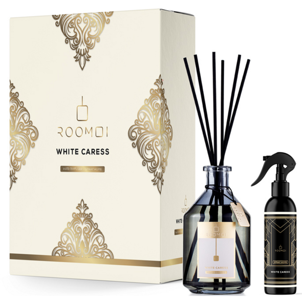 ROOMOI COFANETTO WHITE CARESS; REED DIFFUSER 500 ML + SPRAY 200 ML + BASTONCINI