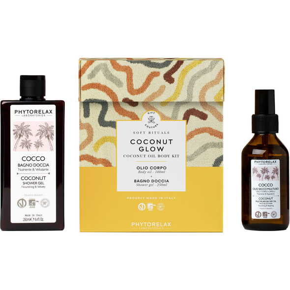 PHYTORELAX COFANETTO COCONUTGLOW; BAGNODOCCIA COCCO 250 ML + OLIO SECCO COCCO MULTIUSO VISO CORPO CAPELLI 100 ML  