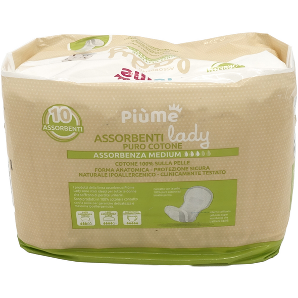 PIUME LADY ASSORBENTI PURO COTONE ANATOMICO ASSORBENZA MEDIUM 10 PEZZI
