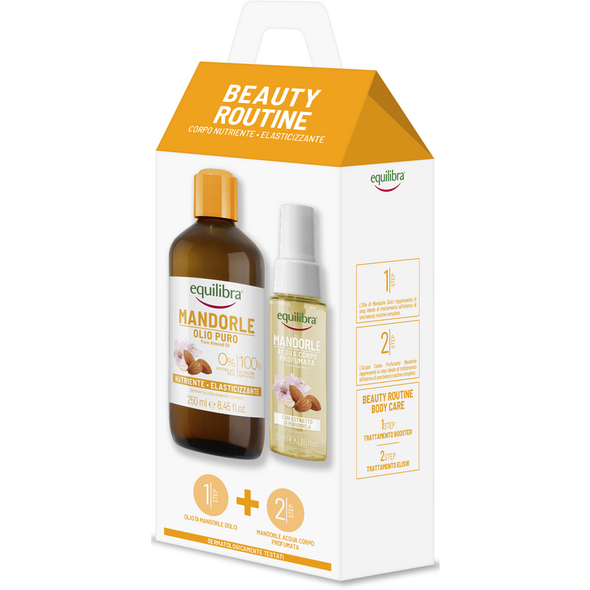 EQUILIBRA COFANETTO KIT BEAUTY ROUTINE CORPO NUTRIENTE, ELASTICIZZANTE MANDORLE- OLIO PURO 100% 250 ML - ACQUA CORPO PROFUMATA 50 ML