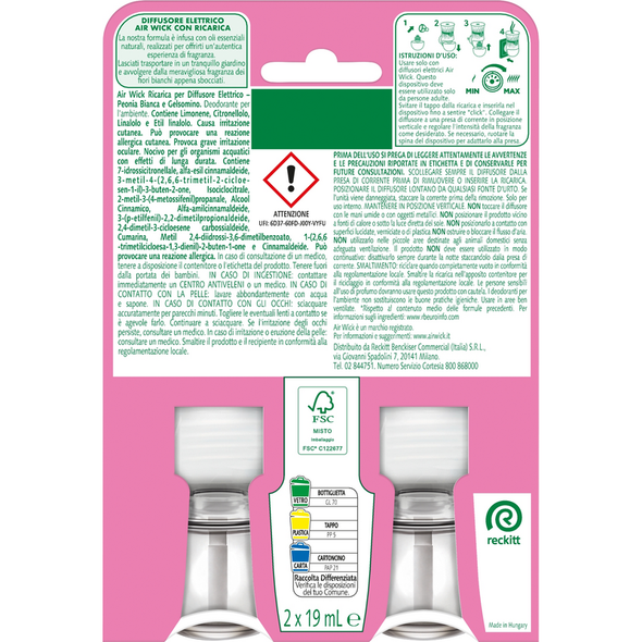 AIRWICK RICARICA DIFFUSORE ELETTRICO FRAGRANZA PEONIA BIANCA E GELSOMINO 2 PEZZI