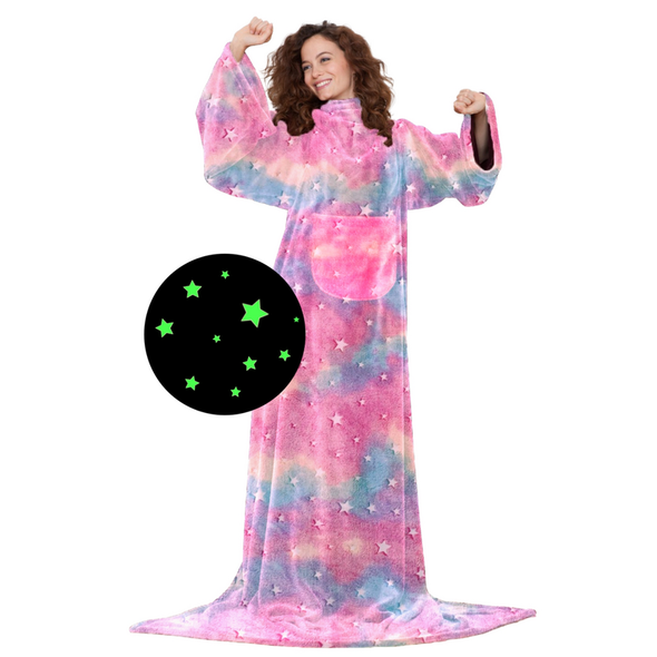 KANGURU COP.DELUXE GLOW RAINBOW COPERTA CON MANICHE E TASCA FOSFORESCENTE AL BUIO 140x180 CM FLANELLA ULTRAMORBIDA 100% POLIESTERE