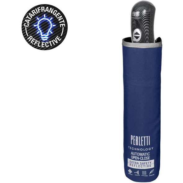 PERLETTI OMBRELLO UOMO MINI 54/8 APRI/CHIUDI TINTA BLU CON BORDINO CATARIFRANGENTE
