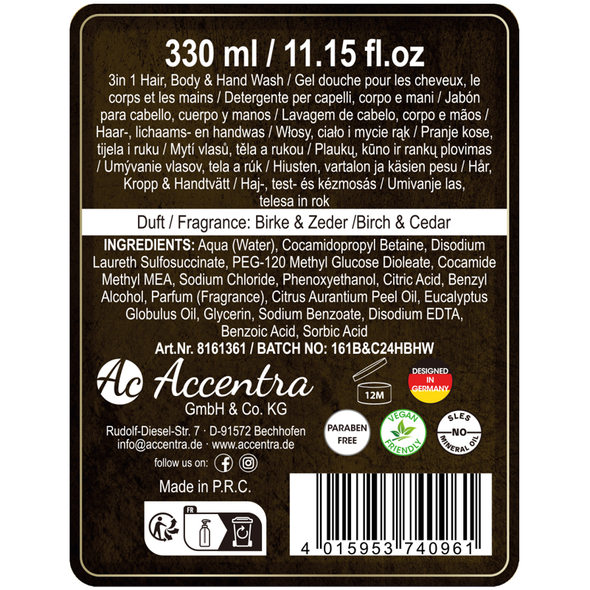 ACCENTRA MEN SPECIAL BLEND DETERGENTE 3 IN 1 CAPELLI, CORPO E MANI. PROFUMAZIONE BETULLA E CEDRO 330 ML