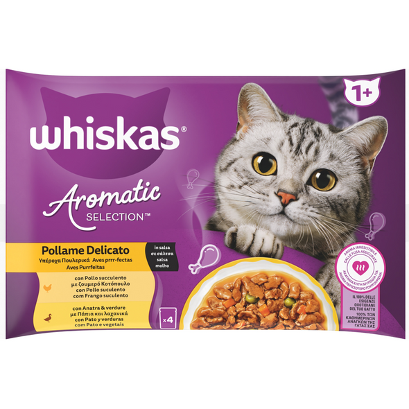 WHISKAS AROMATIC SELECTION POLLAME DELICATO IN SALSA 1+ BUSTE 4x85 GRAMMI, 2 BUSTE CON POLLO SUCCULENTO, 2 BUSTE CON ANATRA E VERDURE