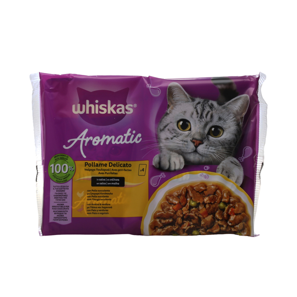 WHISKAS AROMATIC SELECTION POLLAME DELICATO IN SALSA 1+ BUSTE 4x85 GRAMMI, 2 BUSTE CON POLLO SUCCULENTO, 2 BUSTE CON ANATRA E VERDURE