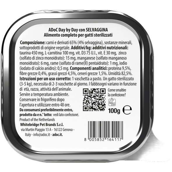 ADOC CATS DAY by DAY PATE' CON SELVAGGINA VASCHETTA 100 grammi (GATTI STERILIZZATI) 