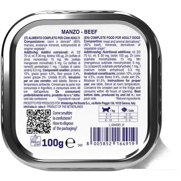 ADOC DOG DAY by DAY MANZO MONOPROTEIN COTTO AL VAPORE VASCHETTA 100 grammi  
