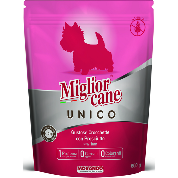 MIGLIOR CANE UNICO CROCCHETTE CON PROSCIUTTO BUSTA 800 grammi  PER CANI ADULTI PICCOLA TAGLIA <10 KG 