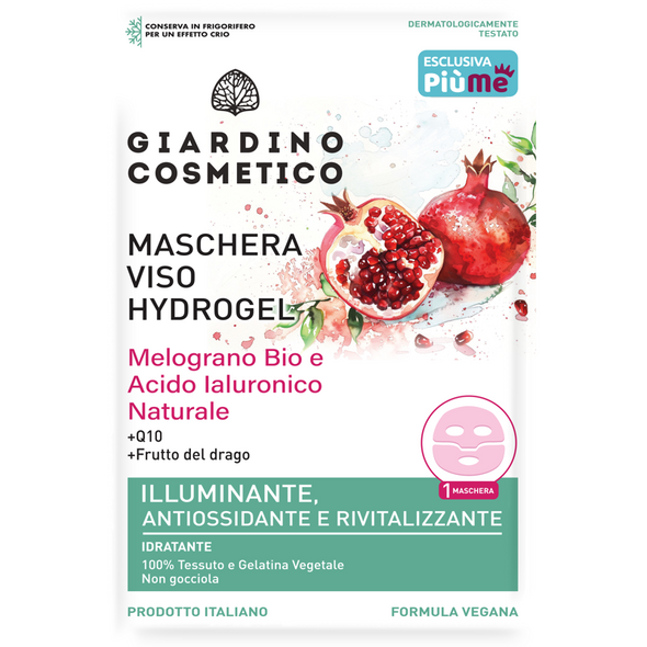 GIARDINO COSMETICO MASCHERA VISO HYDROGEL IN TESSUTO ILLUMINANTE, ANTIOSSIDANTE e RIVITALIZZANTE CON MELOGRANO BIO e ACIDO IALURONICO NATURALE 
