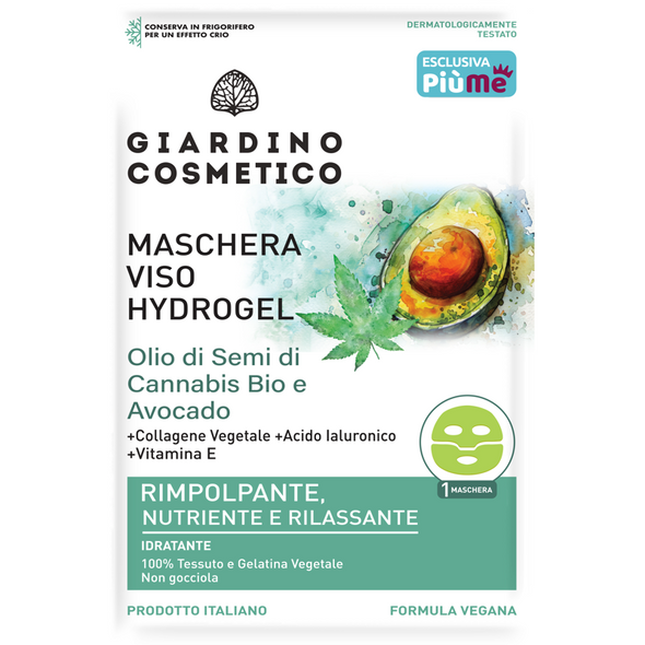 GIARDINO COSMETICO MASCHERA VISO HYDROGEL IN TESSUTO RIMPOLPANTE, NUTRIENTE e RILASSANTE CON OLIO DI SEMI CANNABIS BIO e AVOCADO