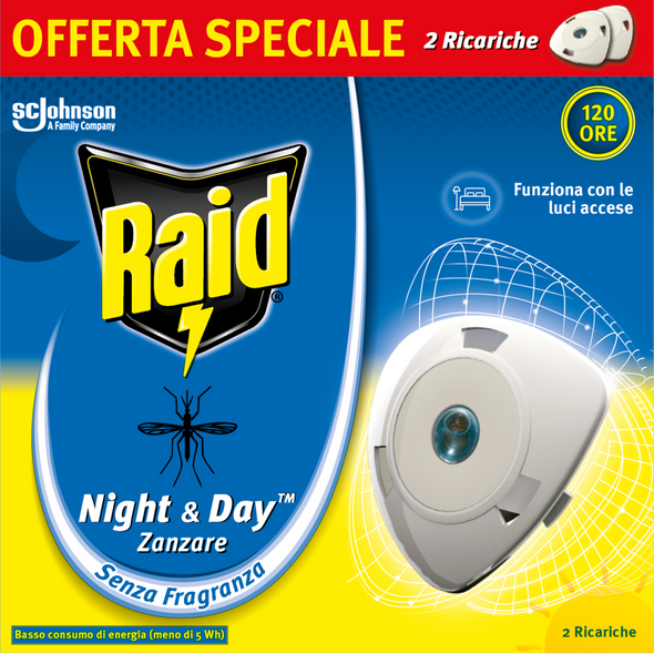 RAID NIGHT & DAY ELETTRICO 2 RICARICHE ZANZARE 120 ORE  