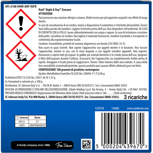 RAID NIGHT & DAY ELETTRICO 3 RICARICHE ZANZARE 120 ORE 
