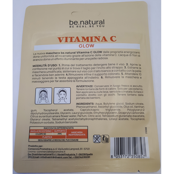 BE.NATURAL MASCHERA VISO GLOW IN TESSUTO VITAMINA C, VITAMINA E, FIORI D'ARANCIO