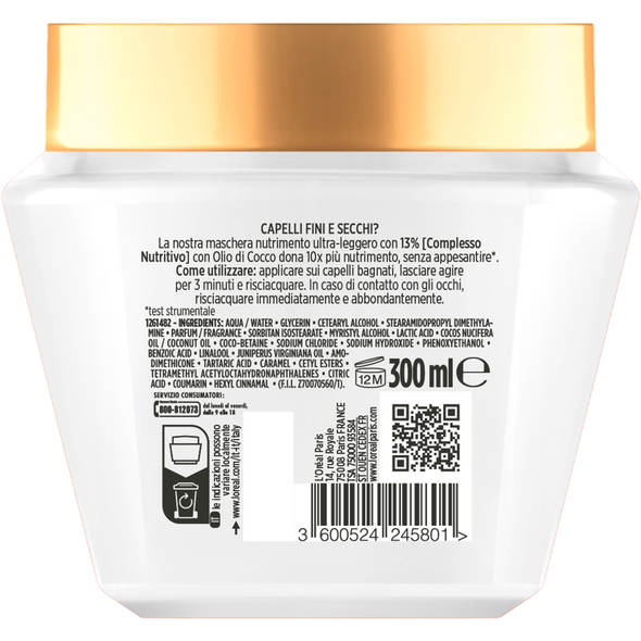 ELVIVE OLIO STRAORDINARIO MASCHERA COCCO NUTRIMENTO ULTRA LEGGERO CAPELLI FINI E SECCHI 300 ML