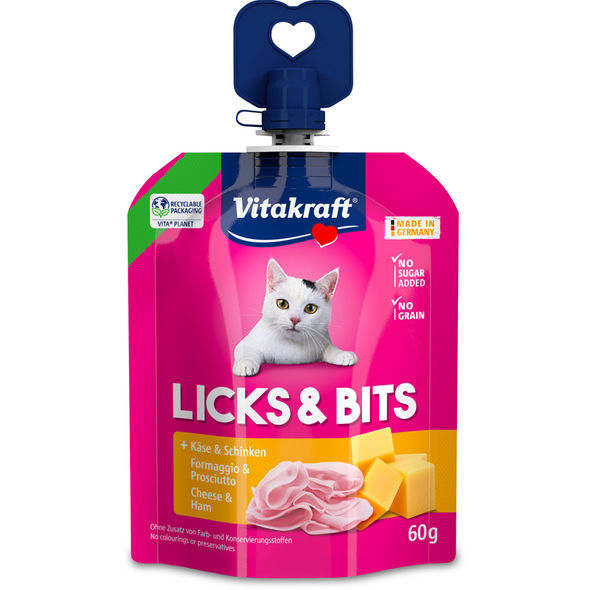 VITAKRAFT LICKS & BITS SNACK CREMOSO PER GATTI CON FORMAGGIO E PROSCIUTTO 60 GRAMMI