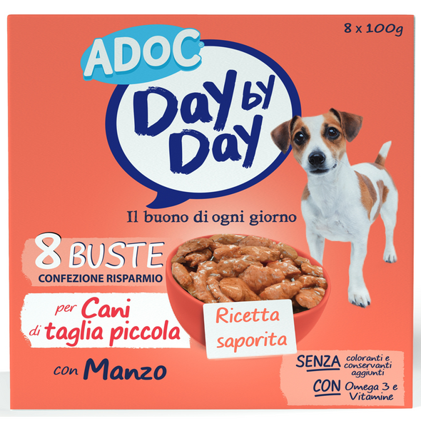 ADOC DAY BY DAY DOG PER CANI DI TAGLIA PICCOLA CON MANZO BUSTE 8x100 GRAMMI