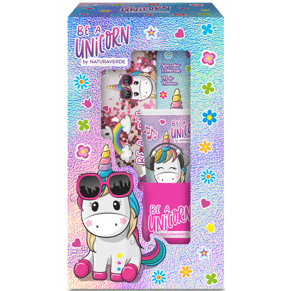 NATURAVERDE KIDS COFANETTO BE A UNICORN: SPAZZOLINO + DENTIFRICIO 75 ML + BICCHIERINO + POCHETTE GLITTER