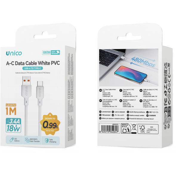 UNICO CAVO A-C 3.4A 1 M PVC STAMPATO ROTONDO OD3.8 BIANCO