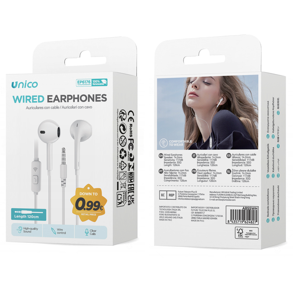 UNICO AURICOLARI CON FILO SEMI-IN-EAR JACK 3.5 MM BIANCO