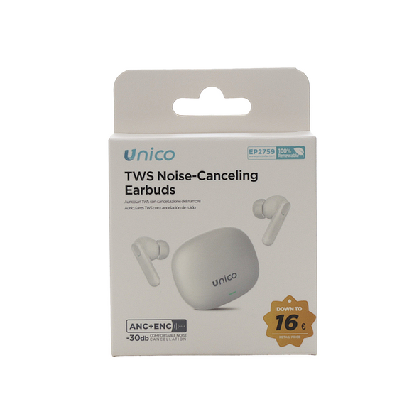 UNICO AURICOLARI BLUETOOTH TWS IN-EAR ANC+ENC 300 MAH (CON CAVO A-C 0,3 M) BIANCO