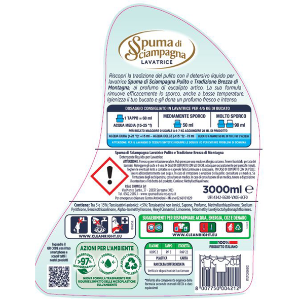 SPUMA DI SCIAMPAGNA DETERSIVO LIQUIDO BUCATO LAVATRICE IGIENIZZANTE BREZZA DI MONTAGNA 60 LAVAGGI 3000 ML 