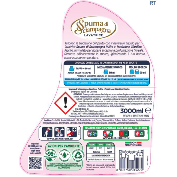 SPUMA DI SCIAMPAGNA DETERSIVO LIQUIDO BUCATO LAVATRICE IGIENIZZANTE GIORDINO FIORITO 60 LAVAGGI 3000 ML   