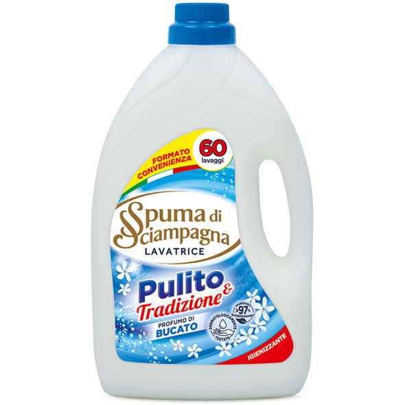 SPUMA DI SCIAMPAGNA DETERSIVO LIQUIDO BUCATO LAVATRICE IGIENIZZANTE PROFUMO DI BUCATO 60 LAVAGGI 3000 ML