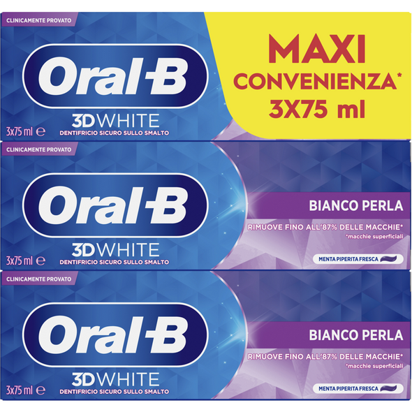 ORAL B DENTIFRICIO 3D WHITE BIANCO PERLA 3 PEZZI DA 75 ML 