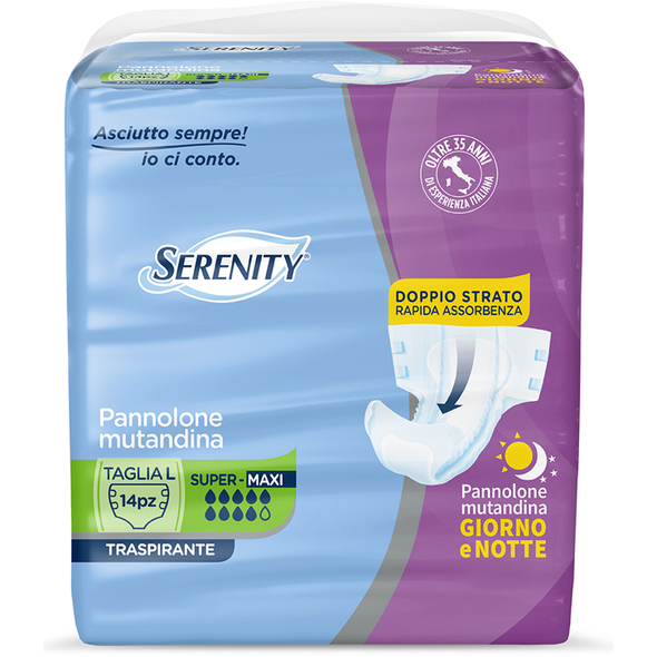 SERENITY PANNOLONE MUTANDINA GIORNO NOTTE TRASPIRANTE TAGLIA L SUPER MAXI 14 PEZZI DISPOSITIVO MEDICO CE DI CLASSE 1