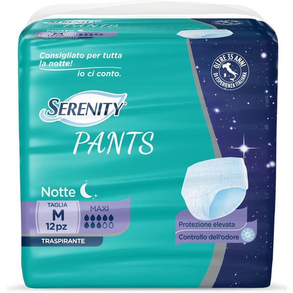 SERENITY PANTS NOTTE TRASPIRANTE TAGLIA M MAXI 12 PEZZI DISPOSITIVO MEDICO CE DI CLASSE 1