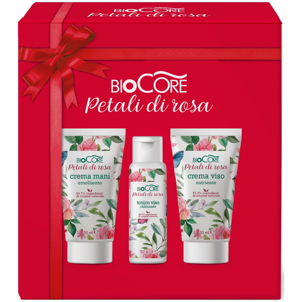BIOCORE COFANETTO PETALI DI ROSA: CREMA MANI EMOLLIENTE ALLA ROSA TUBO 50 ML + CREMA VISO NUTRIENTE ALLA ROSA TUBO 50 ML + TONICO VISO CALMANTE ALLA ROSA FLACONE 50 ML