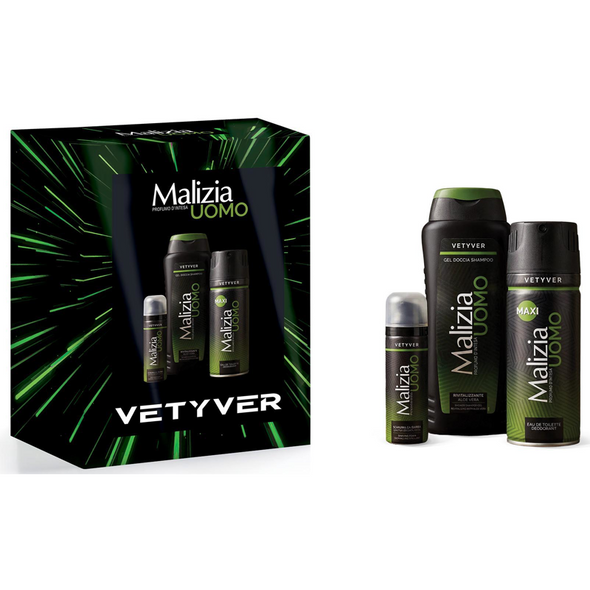 MALIZIA UOMO COFANETTO VETYVER; EDT DEODORANT SPRAY 175 ML + DOCCIASHAMPOO GEL 250 ML + SCHIUMA DA BARBA 50 ML OMAGGIO