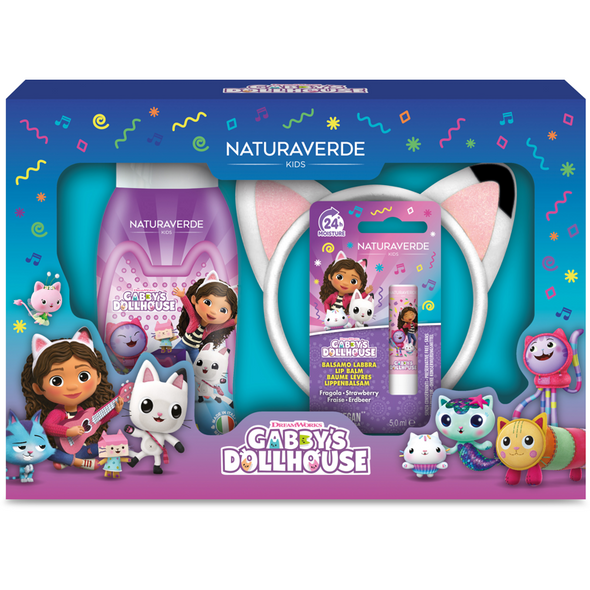 NATURAVERDE KIDS COFANETTO GABBY'S DOLLHOUSE CERCHIETTO + BAGNOSCHIUMA 250 ML + LIP BALM 5 ML + SPAZZOLA CAPELLI 