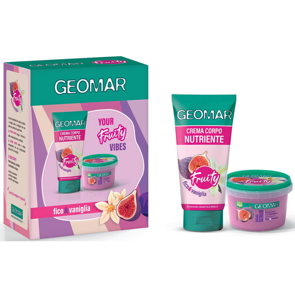 GEOMAR COFANETTO FRUITY; CREMA CORPO FOCO & VANIGLIA TUBO 150 ML + SUGAR SCRUB FICO & VANIGLIA VASO 300 ML 