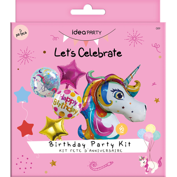 IDEA PARTY LETS CELEBRATE KIT 5 PZ BIRTHDAY UNICORNO