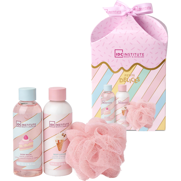 IDC INSTITUTE COFANETTO PETITS DELICES BEAUTY & SKINCARE SET 3 PEZZI; BODY WASH 100 ML +  BODY LOTION 100 ML + SPUGNA IN RETE