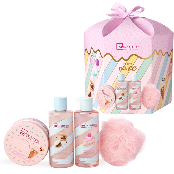 IDC INSTITUTE COFANETTO PETITS DELICES BEAUTY & SKINCARE SET 4 PEZZI; BODY LOTION SCATOLA 200 ML + SHOWER GEL 200 ML + BODY SCRUB 200 ML + SPUGNA IN RETE
