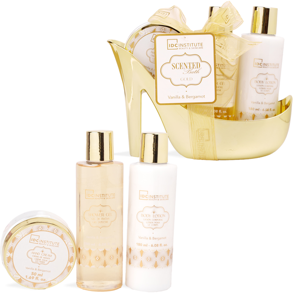 IDC INSTITUTE COFANETTO GOLD BATH VANILLA & BERGAMOT SET 3 PEZZI; HAND CREAM 50 ML + SHOWER GEL 180 ML + BODY LOTION 180 ML