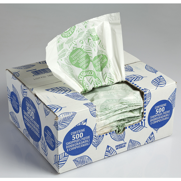 SHOPPER IN POLIMERO BIODEGRADABILE COMPOSTABILE  CM 27+16x50  8 grammi  500 PZ