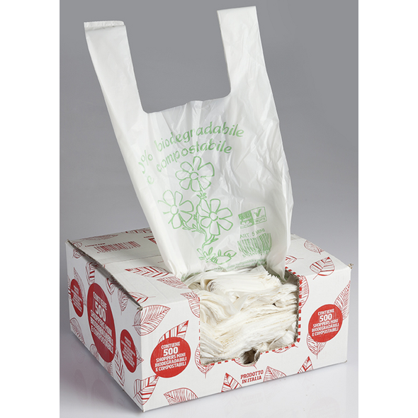 SHOPPER IN POLIMERO BIODEGRADABILI COMPOSTABILI CM 23+12x40  5 grammi  500 PZ