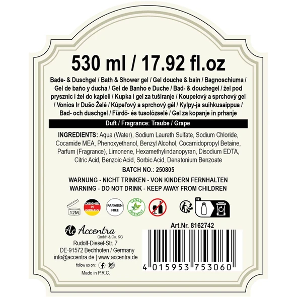ACCENTRA GEL BAGNODOCCIA AL VINO ROSSO PROFUMAZIONE UVA 530 ML