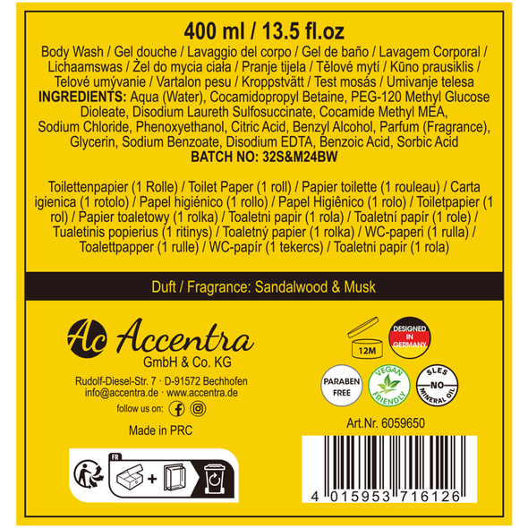 ACCENTRA MEN TOOLKIT CONFEZIONE DA BAGNO UOMO; BAGNOSCHIUMA 400 ML, 1 ROTOLO CARTA IGIENICA. PROFUMAZIONE SANDALO E MUSCHIO